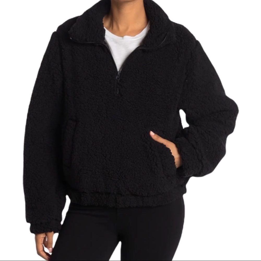 New! SAGE COLLECTIVE Sherpa Teddy Half Zip Pullover Faux Shearling Black Jacket